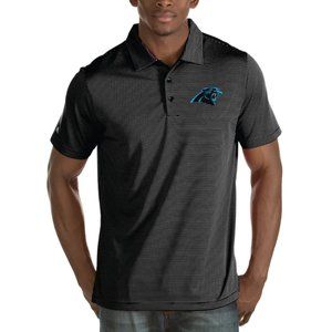 Carolina Panthers Antigua Black Quest Stripe Polo